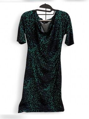 BCBGMaxAzria - Black & Teal Animal-Print Draped Neck Midi Dress